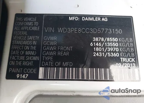 2013 Mercedes-Benz Sprinter 2500 High Roof from USA, damaged, VIN WD3PE8CC3D5773150